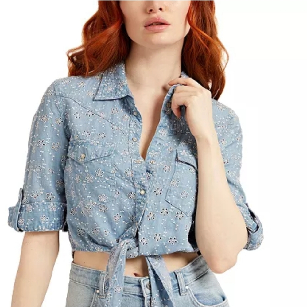 NWT Guess Eyelit Pin Up Tie Front Western Pearl Snap Top